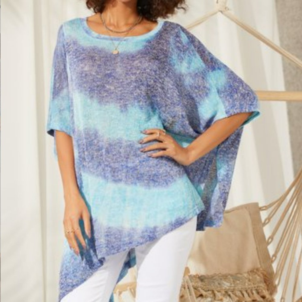 Suzanne Betro Weekend Cobalt & Aqua Diagonal Stripe Cape-Sleeve Tunic Size: 2X